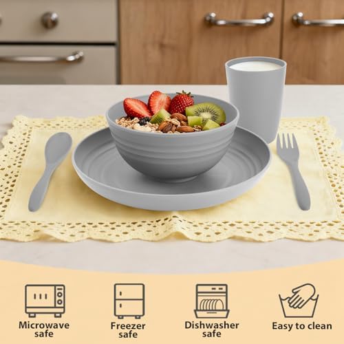 Wheat Straw Dinnerware Sets, 20 PCS Service for 4, Dishwasher & Microwave Safe Kids Plates and Bowls Sets, Unbreakable Lightweight Outdoor Camping Dishes - Gray - Image 5