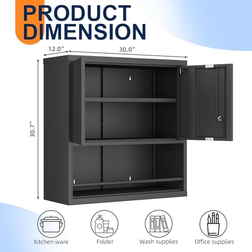 IRONFFICE Garage Storage Cabinets,Metal Wall Cabinet with Doors and Shelves,Locking Storage Cabinet for Workshop,Warehouse,Home Office,Black - Image 3