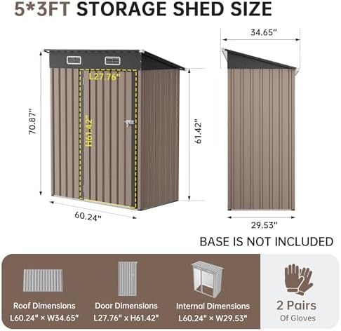 Lockable Metal Garden Shed, Outdoor Metal Storage Sheds Multi-Used, Vertical Outdoor Steel Storage Sheds, Compact Metal Tool Shed with Sloping Roof (Brown) - Image 2
