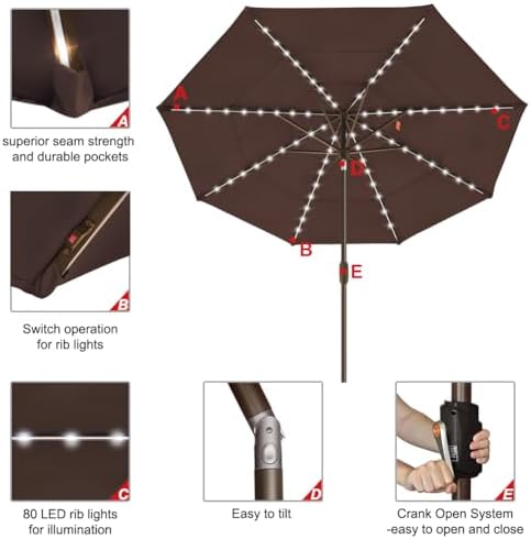 EliteShade USA 10-Year-Non-Fading 9ft 3-Tier Market Patio Umbrella, Commercial Table Umbrella with 80 Solar LED Lights, Crank Open, Windproof & UPF 50+ UV Protection for Garden, Deck, Pool, Backyard, Chestnut - Image 5