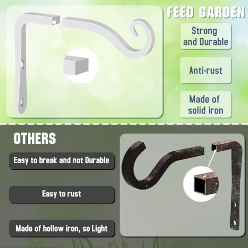 FEED GARDEN Heavy Duty Plant Hooks - 2 Pack 6 Inch Wall Mounted Hanging Brackets, 44lb Capacity Steel Plant Hangers for Bird Feeders, Baskets, Wind Chimes - White - Image 4