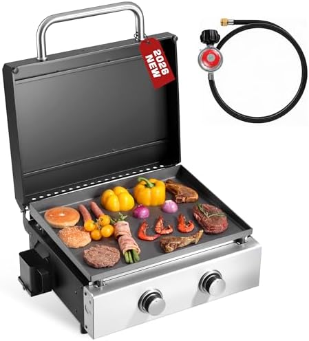2-Burner Portable Propane Griddle with Top Lip and Grease Cup by RYHOFOUD