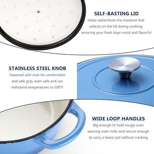 E-far 6 Quart Enameled Cast Iron Dutch Oven with Lid, Round Dutch Oven Pot Nonstick Cookware for Braising, Stews, Roasting, Bread Baking, Cooking, Heavy Duty, Induction & Oven Safe - Blue - Image 7