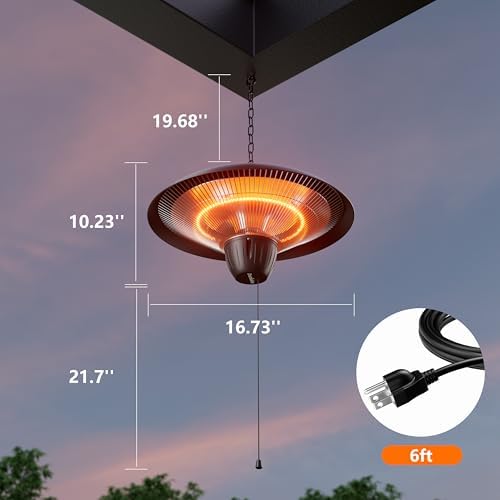 Danluke Outdoor Electric Patio Heater, 1500W Infrared Hanging Heater, Ceiling Mounted Carbon Fiber Heater for Patio, Porch, Garage and Balcony, Black - Image 4