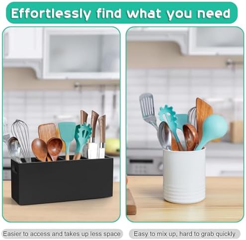 ALELION Large Utensil Holder with Removable Divider - 4 Compartment Wooden Utensil Caddy Organizer for Kitchen Counter - Black Cooking Utensil Crock for Countertop - Image 5