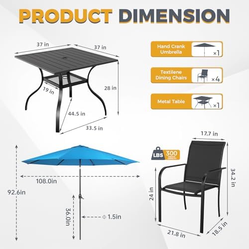 Incbruce 6 Pieces Patio Dining Set with Sky Blue Umbrella, Outdoor Dining Set of 4 Textilene Chairs and Square Table with Umbrella Hole for Backyard, Garden, and Poolside (Black) - Image 4