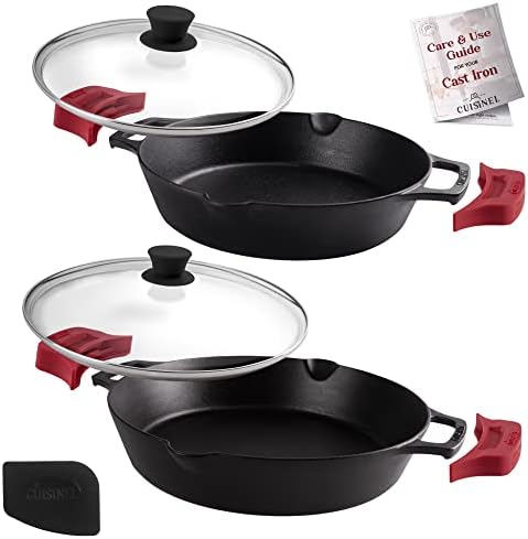 Cast Iron Skillet Set - 10" + 12"-Inch Dual Handle Frying Pans + Glass Lids + Silicone Handle Holder Covers - Pre-seasoned Oven Safe Cookware - Indoor/Outdoor Use - Grill, Stovetop, Induction Safe by Cuisinel