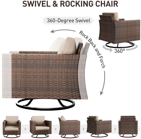 UDPATIO Patio Furniture Set, 5 Pieces Outdoor Furniture Sets with Rocking Swivel Chairs, Wicker Rattan Patio Conversation Set with Storage Table and Waterproof Covers for Backyard Deck Porch, Khaki - Image 4