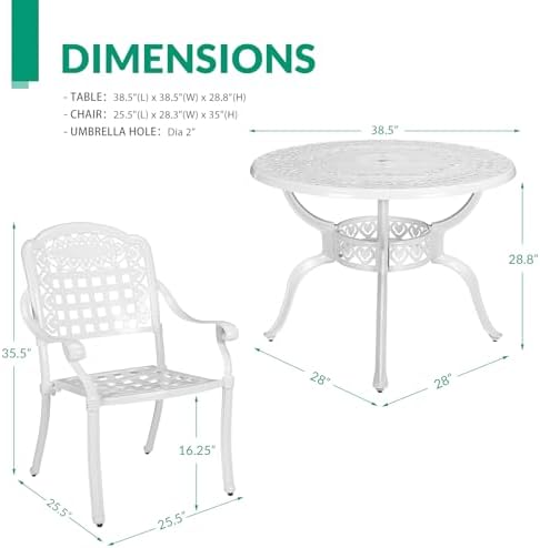 VIVIJASON 5-Piece Patio Furniture Dining Set, All-Weather Cast Aluminum Outdoor Conversation Set, Include 4 Chairs and 1 Round Table w/Umbrella Hole for Balcony, Lawn, Garden, Backyard, White - Image 7