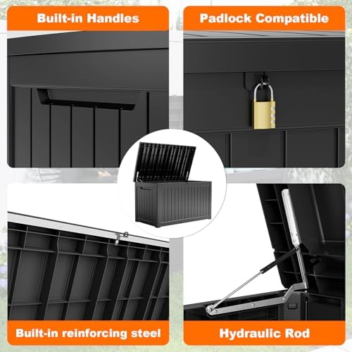 280 Gallon Outdoor Storage Box Waterproof, Resin Lockable Deck Box with Lid, Large Capacity Weatherproof Container for Patio Furniture Pool Accessories, Cushions(Black, 280 Gallon) - Image 6