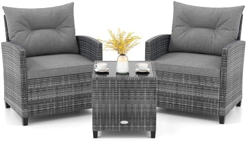 KOTEK 3 Piece Patio Furniture Set, Outdoor PE Rattan Conversation Set with Washable Cushions & Tempered Glass Tabletop, Wicker Chairs and Table Set for Porch, Garden, Balcony (Grey) by KOTEK