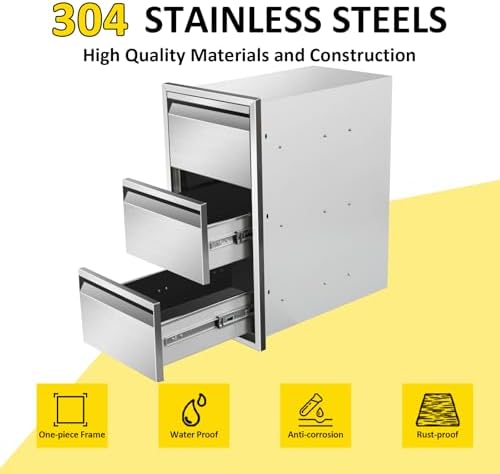 Outdoor Kitchen Drawers 14" W x 25.4"H x 21"D Triple BBQ Drawers Stainless Steel Built-in Drawer for Outdoor Kitchen Island, Patio Grill Station - Image 3