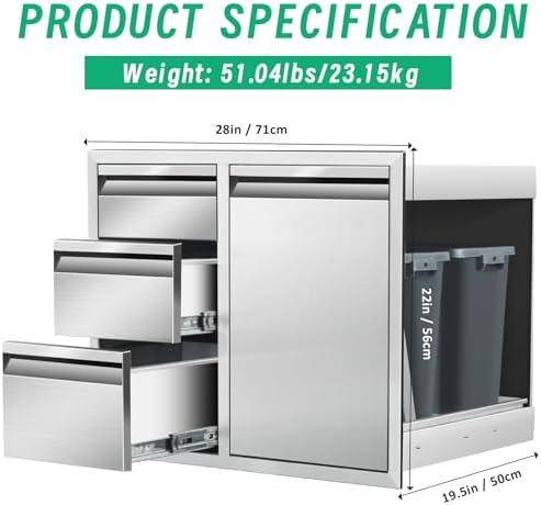 Outdoor Kitchen Door Drawer Combo Cabinet, 28" x 22" x 19.5" Right Trash Drawer Combo Cabinet & Built-in Triple Drawers for Patio Grill Station, Outdoor Kitchen Island - Image 2