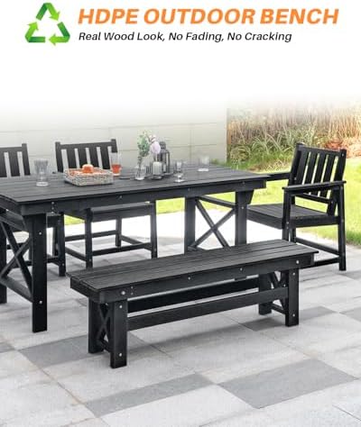 HDPE Outdoor Bench, 55" Patio Bench Outdoor Furniture, Poly Lumber Adirondack Benches, Fade-Resistant HDPE Garden Backless Benches for Park, Poolside, Garden, Porch, Obsidian - Image 6