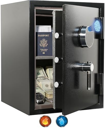 KEAR Fireproof Safe for Home, 4.5 Cub Large Heavy Duty Safe with Solid Metal Handle& Removable Shelf, Biometric Waterproof Safe box, Steel Security Safe for Documents, Cash & Valuables(Black) by KAER