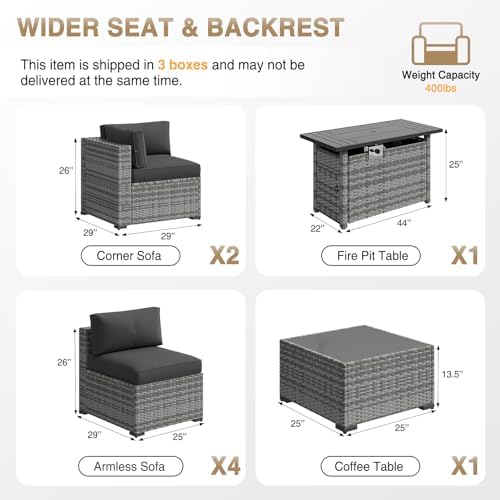 Aoxun Patio Furniture Sets, 8-Piece Outdoor Patio Furniture with 44'' Propane Gas Firepit Table, Wicker Outdoor Conversation Set Sectional Sofa for Backyard, Poolside, Garden - Image 7