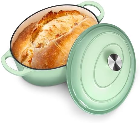 P&P CHEF Oval Dutch Oven with Lid, Enameled Cast Dutch Oven Pot for Bread Baking, Braising, Stewing, Roasting, Non-Stick & Oven Safe, Dual Handles & Easy Clean, 7QT & Pistachio Green, Valentine's Day by PPCHEF