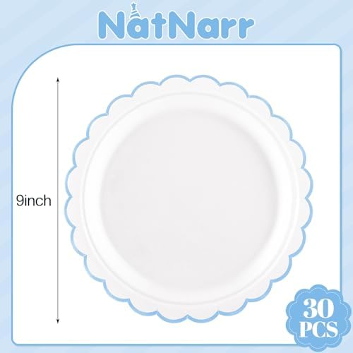 NatNarr 30 Pcs Light Blue Plates 9" Scalloped Blue and White Dessert Plates - Image 2