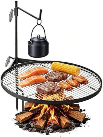 VEVOR Heavy Duty Swivel Campfire Grill, 24.4" Round Portable Camping Grill Grate, Sturdy Steel BBQ Mesh, 360° Height Adjustable Over Fire Pit with Support Rod, for Outdoor Open Flame Cooking, Black by VEVOR