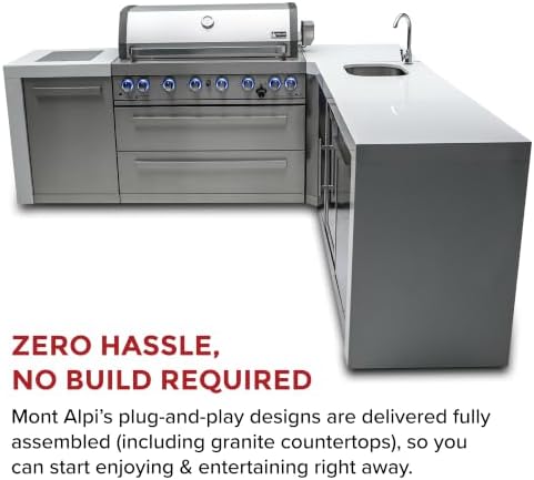Mont Alpi Premium 94"W x 88"D L-shaped Deluxe Stainless Steel Modular Outdoor Kitchen Island with Beverage Center Refrigerator Faucet & Sink + 44"W 6-Burner BBQ Gas Grill + Storage Cabinets & Drawers - Image 3