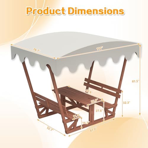 Outdoor Waterproof Solid Wood Picnic Table and Bench Set with Removable Canopy - Suitable for All-Weather patios, Gardens, Decks, Parks, Beaches - Image 2