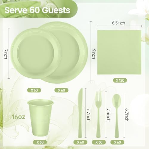 Kochorie 480 Pieces Sage Green Plastic Dinnerware Set Disposable Heavy Duty Plates Napkins Cups Silverware Dessert Dinner Plates for Birthday Wedding Baby Shower Party Supplies, Serves 60 Guests - Image 2
