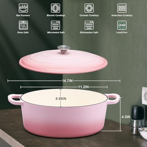 Leonyo 5-Quart Enameled Cast Iron Oval Dutch Oven Pot with Lid, Pink - Image 2