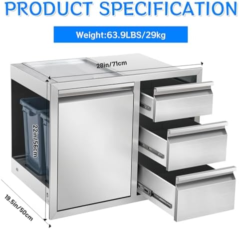 Outdoor Kitchen Drawer Combo, Stainless Steel Triple Drawer Cabinet with Built-in Trash Drawer & Two Trash Cans, 28" W x 22" H x 19.5" D Outdoor Kitchen Storage for BBQ Grill Islands - Image 3