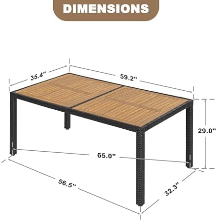 NUU GARDEN 59 x 35 Inch Outdoor Patio Dining Table for 6, Acacia Wood Slatted Tabletop with Rattan Wrapped Metal Frame, All Weather Outdoor Table for Garden Backyard Lawn, Black - Image 2