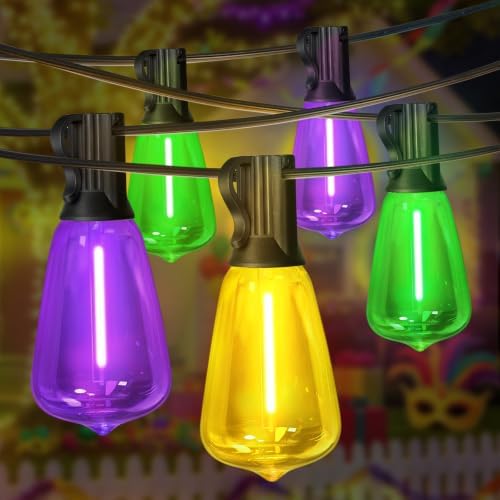 26FT Yellow Purple Green Outdoor String Lights, Mardi Gras ST38 Patio Lights 12+1 Shatterproof Edison Bulbs, Waterproof Connectable LED Outside Lights for Backyard Porch Carnival Christmas Party Decor by ULL