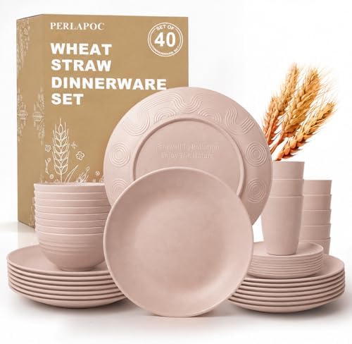 Wheat Straw Dinnerware Sets for 8, 40 Piece Unbreakable Dinnerware Set, Plates and Bowls Sets, Kitchen Plates and Bowls Set, Lightweight Dish Set for Travel Camping Party Outdoor Use - Muted Pink by Perlapoc
