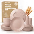 Wheat Straw Dinnerware Sets for 8, 40 Piece Unbreakable Dinnerware Set, Plates and Bowls Sets, Kitchen Plates and Bowls Set, Lightweight Dish Set for Travel Camping Party Outdoor Use - Muted Pink by Perlapoc