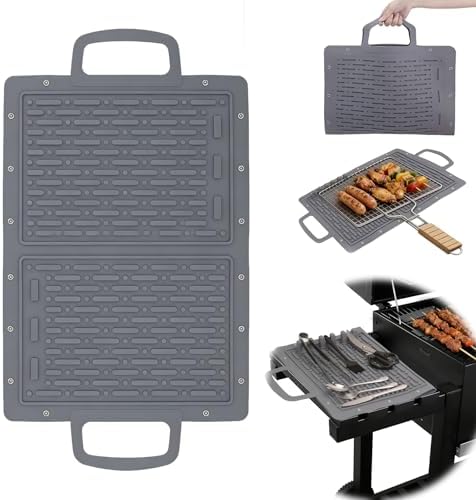 LIONROGE Large Silicone Grill Mat, Foldable Silicone Griddle Tools Spatula Mat with Drip Pad & Handle & Snap Buttons, Portable BBQ Side Shelf Mats Grill Pad for Blackstone Griddles Accessories,Gray by LIONROGE