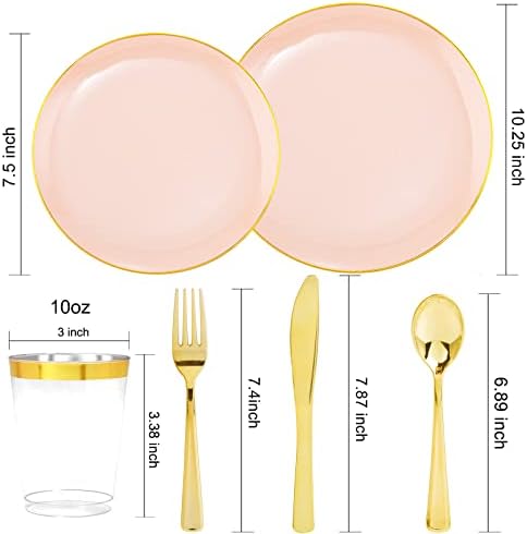 LIYH 180 Pcs Pink Plastic Plates - Disposable Dinnerware Set, Pink Dinner Plate Dessert Plate,Gold Plastic Silverware Cups for Weddings,Birthday Party 30 Guests - Image 3