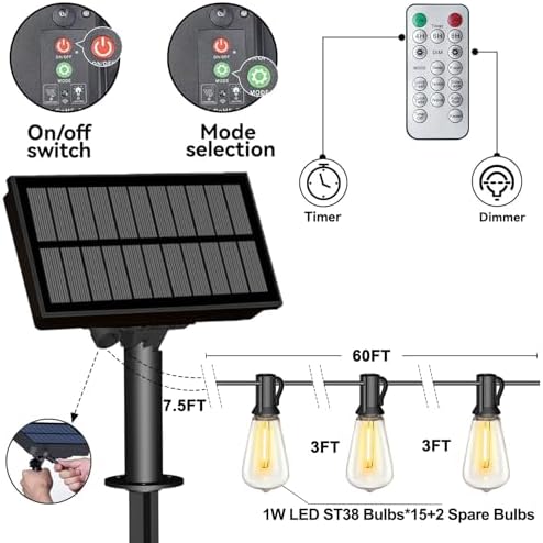 Stright 60FT Solar String Lights Weatherproof 15 LED for Patio Holiday - Image 2