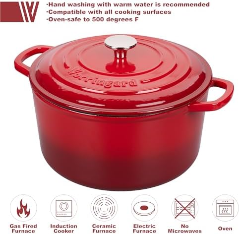VORRINGARD Enameled Cast Iron Dutch Oven Pot with Lid, for Sourdough Bread Baking, Round Dutch Ovens, 6 Quart, Red - Image 3