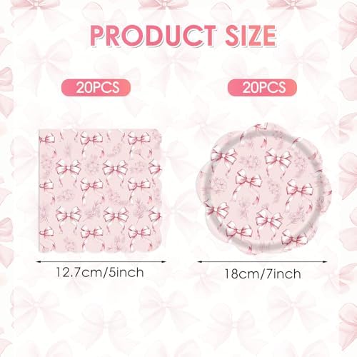 40Pcs Pink Bow Floral Paper Dessert Plates and Napkins Bow Coquette Disposable Tableware Set for Tea Party Galentine's Day Bridal Shower & Wedding Party Decorations, 20 Guests - Image 2