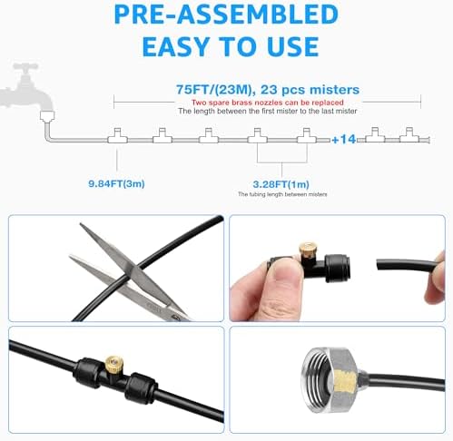 MIXC Misters for Outside Patio, 75FT (23M) Misting Line+23 Mist Nozzles+3/4" Brass Adapter, Outdoor Misting Cooling System for Patio Backyard Garden Greenhouse Horse Corral - Image 2