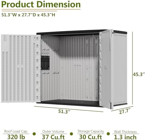 HOMSPARK 37 Cu.Ft Outdoor Storage Shed Weather Resistant, Multi Functional | Double-Wall Resin Storage Sheds & Outdoor Storage Box Waterproof for Backyard Garden Patio Lawn (Light-Grey) - Image 4