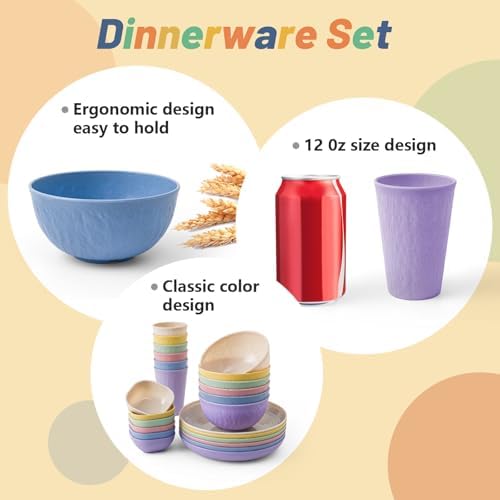 SHECIPIN 24-Piece Wheat Straw Dinnerware Set, Large Round Plates, Bowls and Cups, Unbreakable dish set, Dishwasher and Microwave Safe, Outdoor Camping Dishes - Image 4