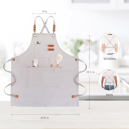 OUNLEN Chef Apron for Men Women Canvas Aprons with 3 Pockets Cross Back Resistant Work Apron for Cooking - Image 2