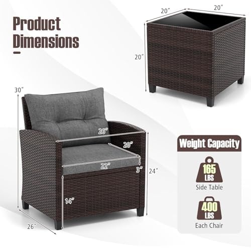 RELAX4LIFE 3-Piece Patio Furniture Set - Wicker Bistro Conversation Set w/2 Cushioned Armchairs & Glass Topped Table, Outdoor Rattan Sofa for Porch Balcony Poolside (Grey) - Image 3