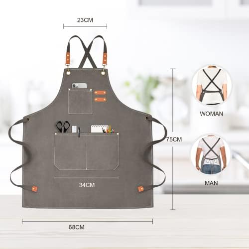 OUNLEN Chef Apron for Men Women Canvas Aprons with 3 Pockets Cross Back Resistant Work Apron for Cooking - Image 2