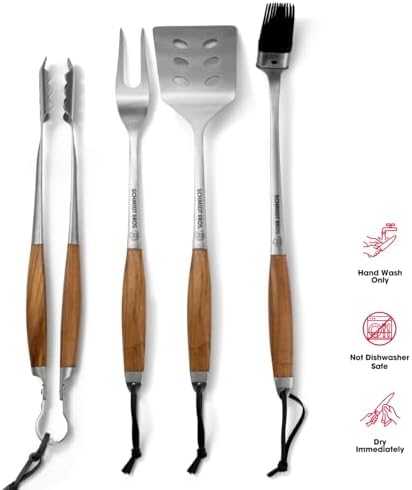 Schmidt Brothers - BBQ Bonded Teak 4 Piece Grilling Accessory Set, Full-Forged Stainless Steel Grilling Utensils Including Spatula, Fork, Basting Brush, and Tongs with All Wood Handles - Image 3