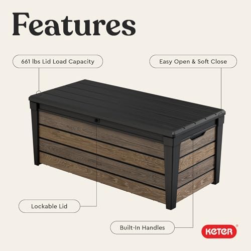 Keter Signature Collection 120 Gallon Resin Deck Box Organization and Storage Box for Patio Outdoor Cushions, Throw Pillows, Garden Tools and Pool Supplies, Walnut - Image 4