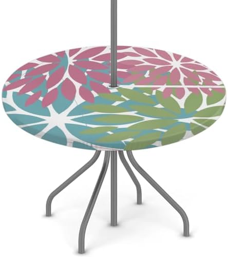 Round Tablecloth with Umbrella Hole and Zipper Elastic Fitted Table Cloth 45"-56" Oil-Proof Waterproof Patio Table Cover for Outdoor Picnic Party, Spring Summer Geometric Elegant Pink Green by GzLeyigouHomeKitchen