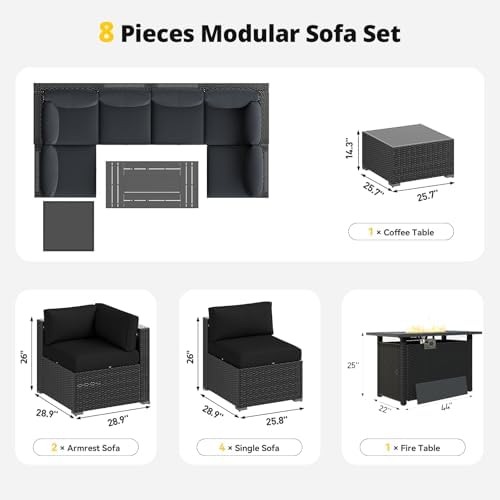 Aoxun Patio Furniture Set with Fire Pit Table, 8 Piece Outdoor Sectional Set, Wicker Rattan Outdoor Furniture with Thickened Cushion for Backyard, Garden Black - Image 7