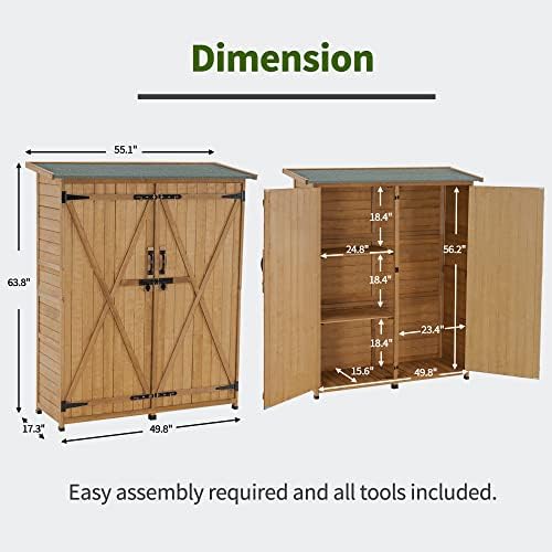 MCombo Outdoor Storage Cabinet with Shelves, Wood Garden Shed with Floor, Outside Tool Shed with 2 Lockable Doors for Yard Patio Lawn, 1400 (Natural) - Image 3