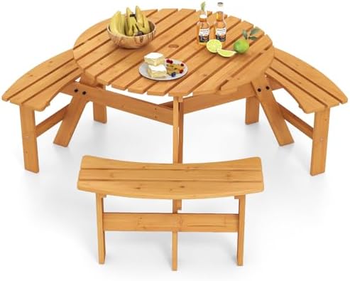 Giantex 6-Person Round Picnic Table Set with 3 Benches, 550 LBS Bench Capacity, 2" Umbrella Hole, Circular Outdoor Wood Dining Table & Chairs for Patio Yard Garden Porch Deck (68”x62”x28”,Yellow) by Giantex