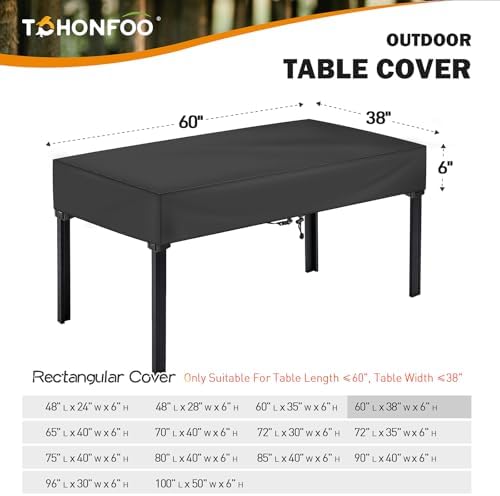 TOHONFOO Waterproof Rectangular Patio Table Cover, 60" x 38" x 6", Black - Image 2